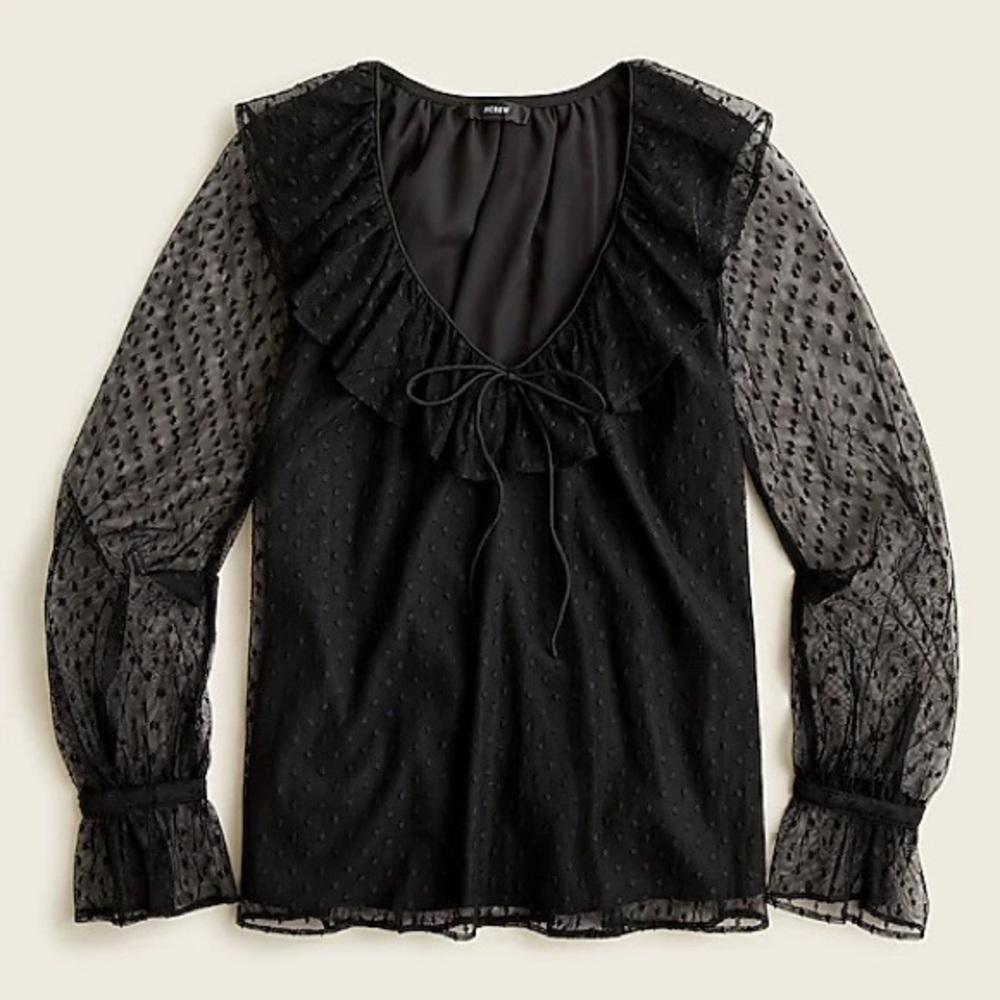 NWT J.Crew Black Ruffleneck Top in Clip Dot